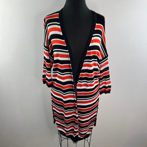 KAREN MILLEN Black Orange White Long Open Cardigan Stripe Side Slit Sz Medium M - Picture 3 of 12